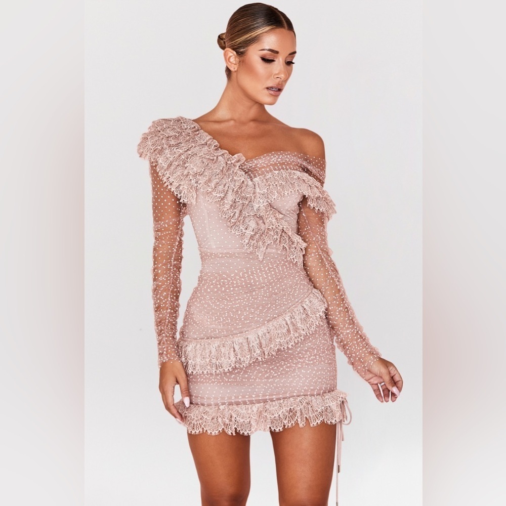 New! House of CB Sorrel Blush Lace Frill Mini Dress 🎀 Small - Picture 8 of 16